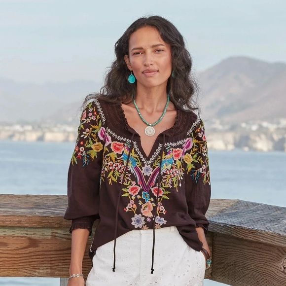 Sundance Amora Blooms Bird Floral Embroidered Boho Top Cotton Brown Small - Picture 1 of 7